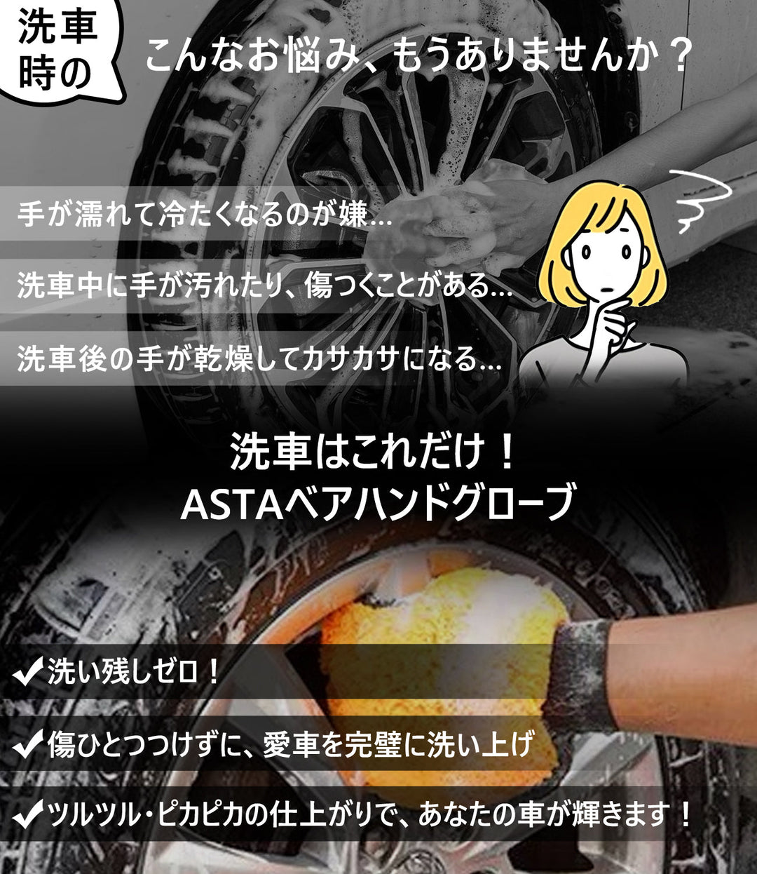 ASTA 洗車グローブ 洗車ミット マイクロファイバー製 傷防止 手洗い洗車用 ホイールの裏までしっかり洗える クリーニンググローブ 1個入り