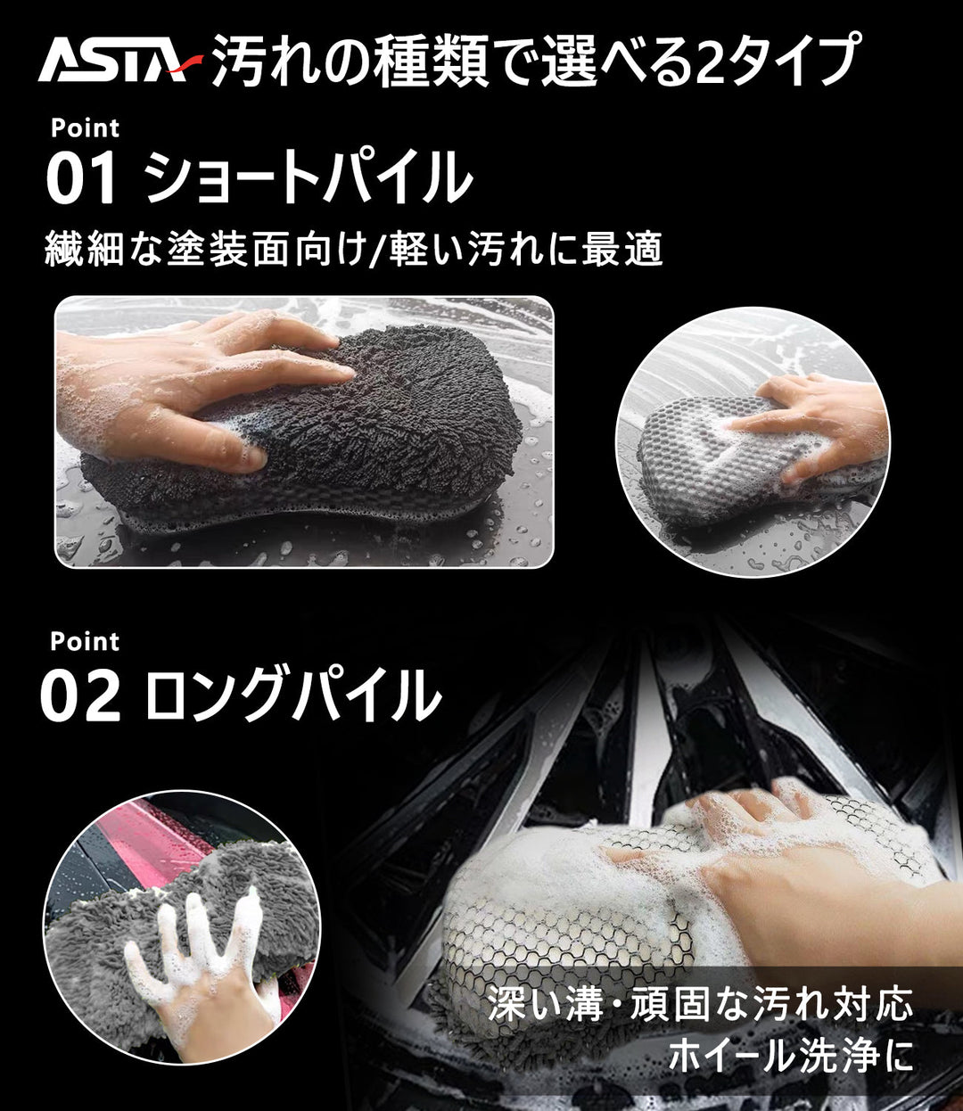 ASTA 洗車ミット 2枚入りセット コスパ最強 洗車手袋 マイクロファイバー製 洗車グッズ 車 バイク 自転車用 洗車スポンジ
