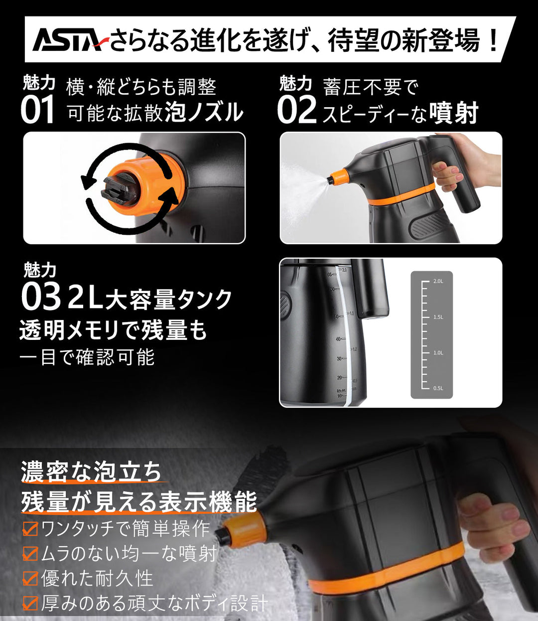 ASTA 電動フォームガン 洗車 充電式 コードレス泡スプレー 高圧対応 充電式フォームスプレー 洗車グッズ 車・バイク用 強力泡立ち (コピー)