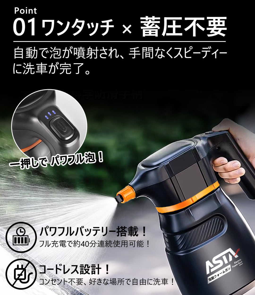ASTA 電動フォームガン 洗車 充電式 コードレス泡スプレー 高圧対応 充電式フォームスプレー 洗車グッズ 車・バイク用 強力泡立ち (コピー)