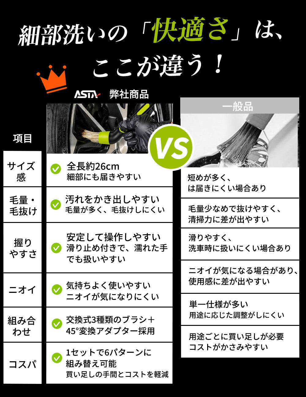 ASTA 洗車ブラシ ディテールブラシ 6点セット ブラシ本体2本 替えヘッド2個 アダプター2個 車内外 ホイール ダッシュボード