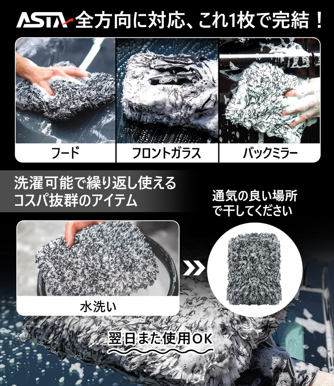 ASTA 洗車 ウォッシュパッド 傷防止 洗車スポンジ 吸水性抜群 マイクロファイバー 極厚タイプ ボディに優しい 洗車キズを防ぐ 滑りやすい構造 手洗い用 22*15.5*5cm