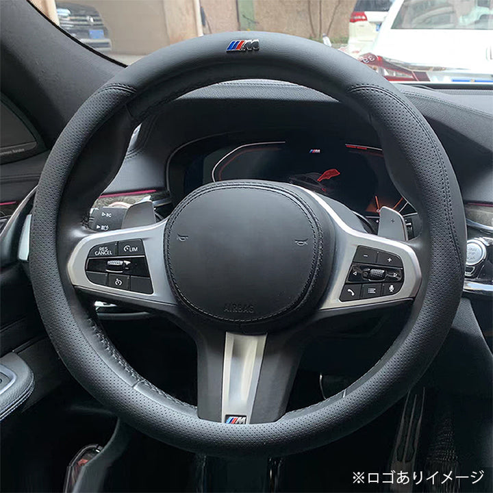 全車種 牛革 金属ロゴ フィット感抜群 ステアリングカバー ハンドルカ O型  本革 38CM