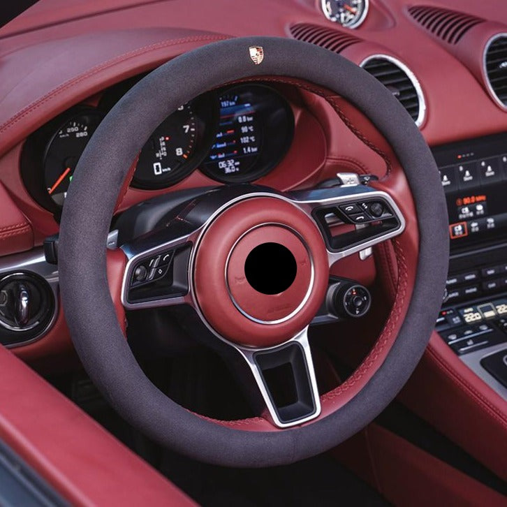 PORSCHE ポルシェ 高級品 ハンドルカバー スエード製 金属ロゴ Cayenne /Macan /Panamera 37~38CM