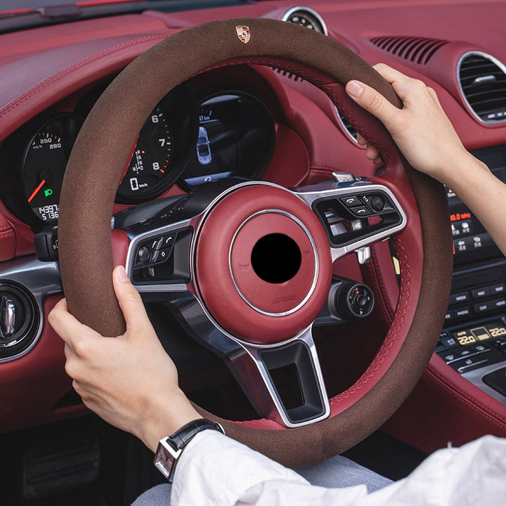 PORSCHE ポルシェ 高級品 ハンドルカバー スエード製 金属ロゴ Cayenne /Macan /Panamera 37~38CM