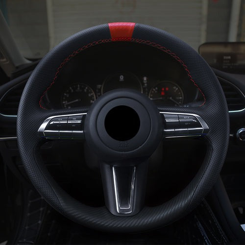 MAZDAマツダ 本革 ハンドルカバー 編み込み式 カーボン調 グリップ感抜群 かっこいい