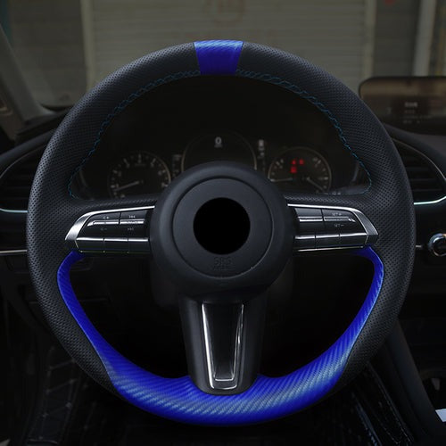 MAZDAマツダ 本革 ハンドルカバー 編み込み式 カーボン調 グリップ感抜群 かっこいい