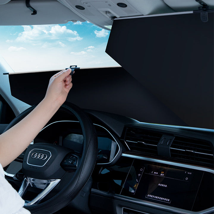 車用サンシェード フロントガラス 自動巻き取り  断熱 紫外線 UVカット 取付収納便利
