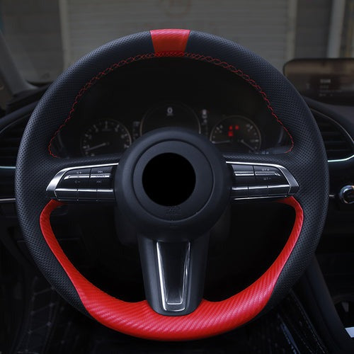 MAZDAマツダ 本革 ハンドルカバー 編み込み式 カーボン調 グリップ感抜群 かっこいい