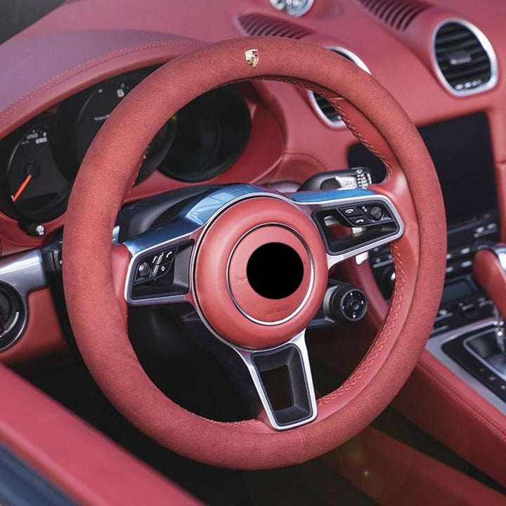 PORSCHE ポルシェ 高級品 ハンドルカバー スエード製 金属ロゴ Cayenne /Macan /Panamera 37~38CM