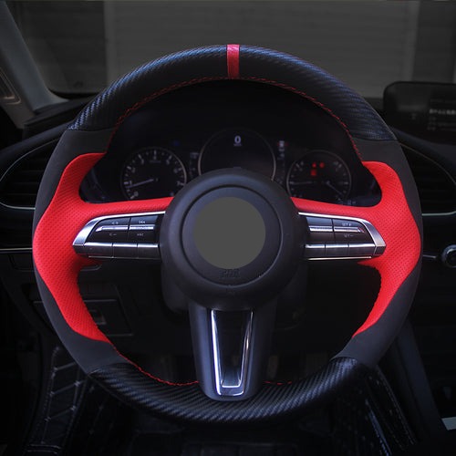 MAZDAマツダ 本革 ハンドルカバー 編み込み式 カーボン調 グリップ感抜群 かっこいい