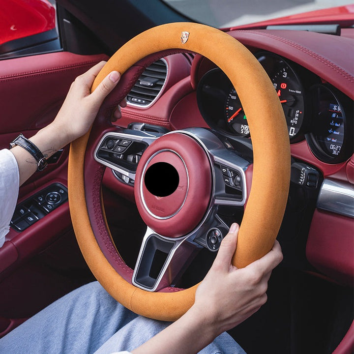 PORSCHE ポルシェ 高級品 ハンドルカバー スエード製 金属ロゴ Cayenne /Macan /Panamera 37~38CM
