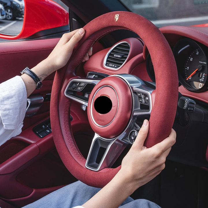 PORSCHE ポルシェ 高級品 ハンドルカバー スエード製 金属ロゴ Cayenne /Macan /Panamera 37~38CM