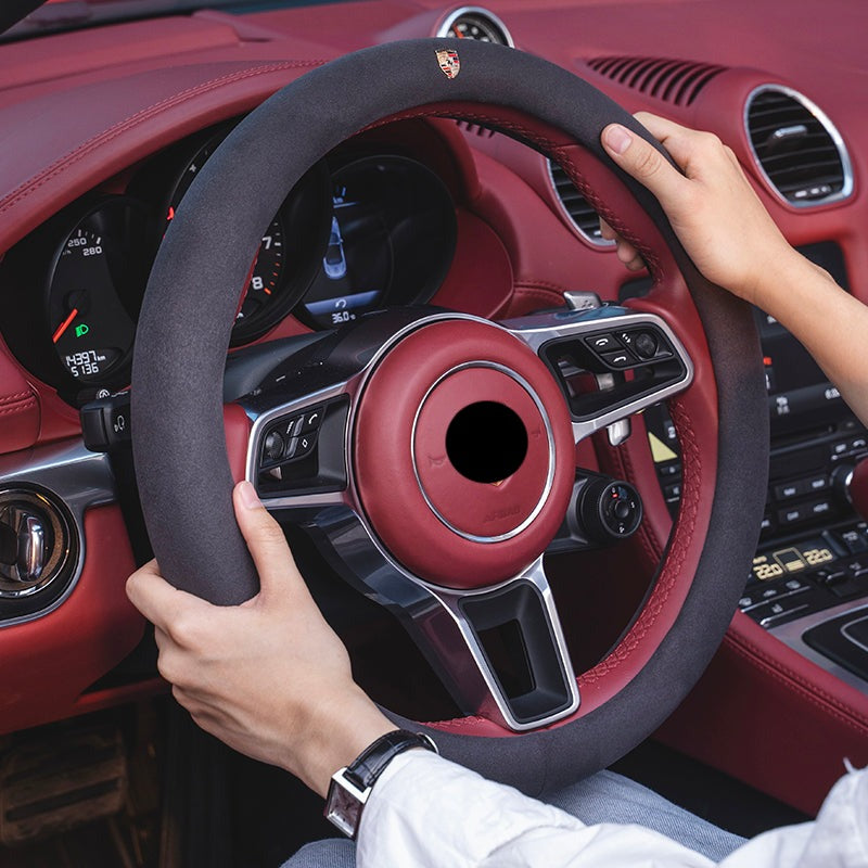PORSCHE ポルシェ 高級品 ハンドルカバー スエード製 金属ロゴ Cayenne /Macan /Panamera 37~38CM