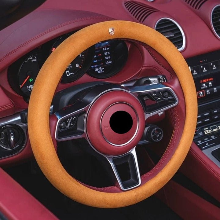 PORSCHE ポルシェ 高級品 ハンドルカバー スエード製 金属ロゴ Cayenne /Macan /Panamera 37~38CM