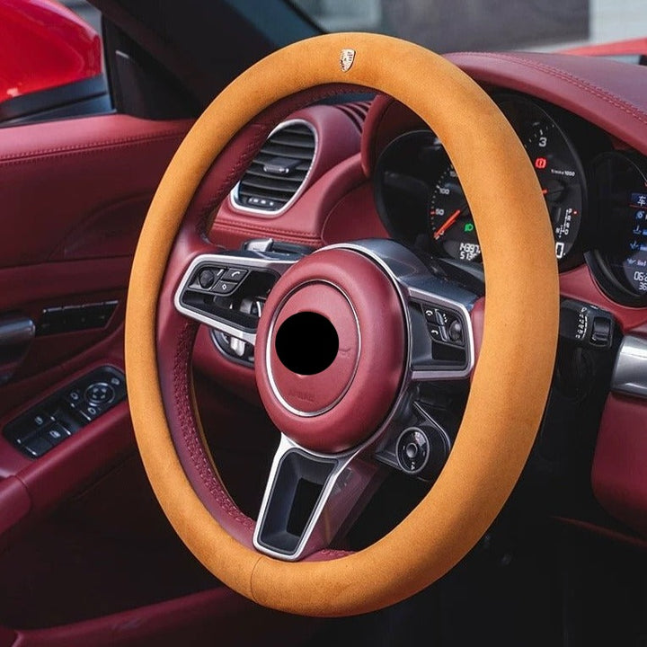 PORSCHE ポルシェ 高級品 ハンドルカバー スエード製 金属ロゴ Cayenne /Macan /Panamera 37~38CM