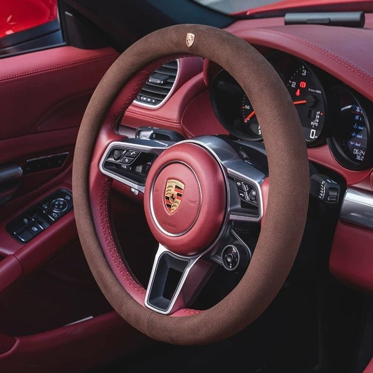 PORSCHE ポルシェ 高級品 ハンドルカバー スエード製 金属ロゴ Cayenne /Macan /Panamera 37~38CM