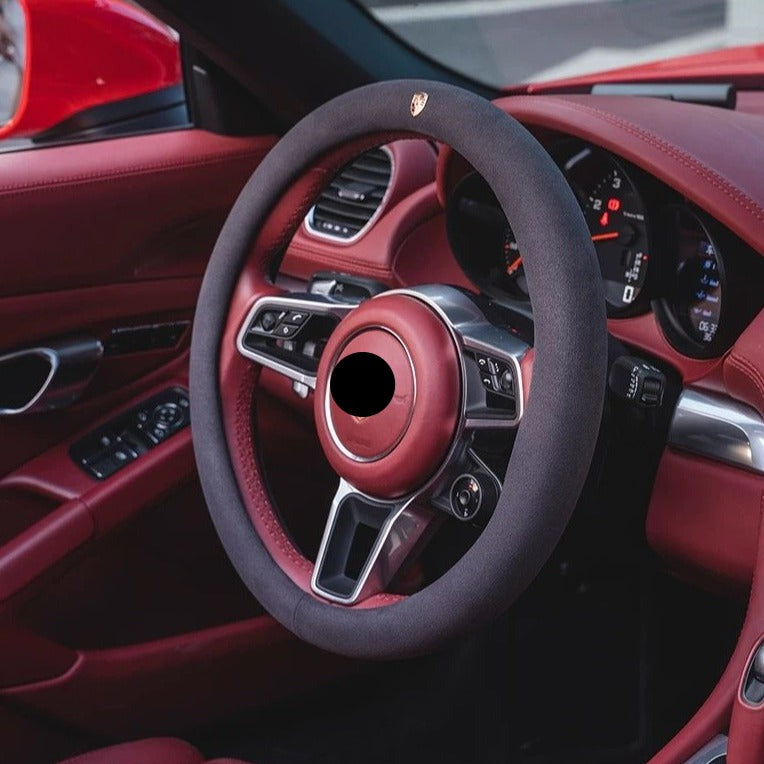 PORSCHE ポルシェ 高級品 ハンドルカバー スエード製 金属ロゴ Cayenne /Macan /Panamera 37~38CM