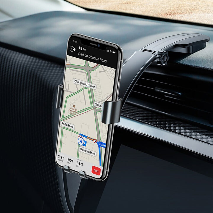 スマホホルダー 車 重力式自動開閉 角度調整 貼り付けタイプ 片手操作 多機種対応