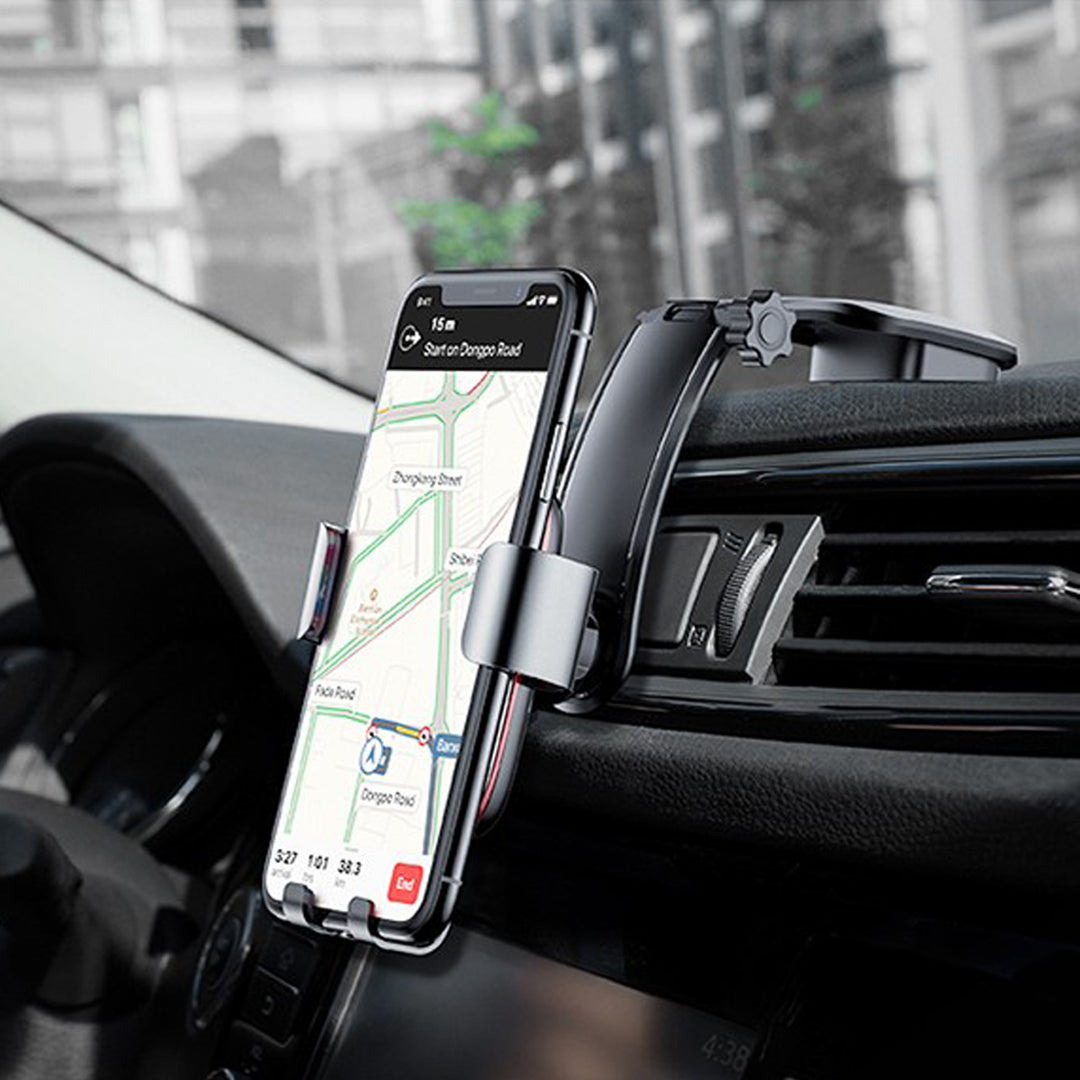 スマホホルダー 車 重力式自動開閉 角度調整 貼り付けタイプ 片手操作 多機種対応